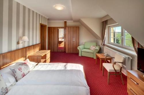 克日沃克拉特可咯尼酒店的配有一张床和一把椅子的酒店客房