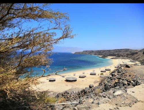 吉布提Plage et hôtel的海滩上,有一把遮阳伞和大海