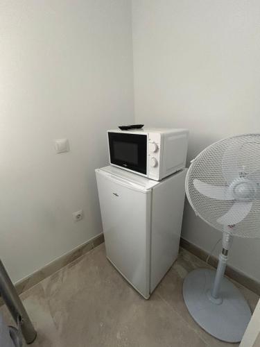 马德里Habitación doble o compartida con baño privado en el centro de Madrid的冰箱上带风扇的微波炉