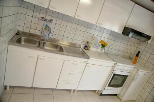 蒂勒尼亚Casa Furrer的白色的厨房设有水槽和炉灶。