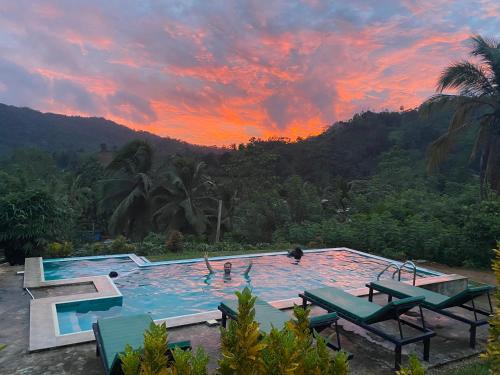 代尼耶耶Rainforest Mount Lodge的日落时分,一个大型游泳池里有人