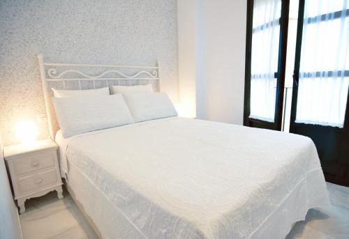 塞维利亚玛卡莲娜公寓的卧室配有白色的床和窗户。
