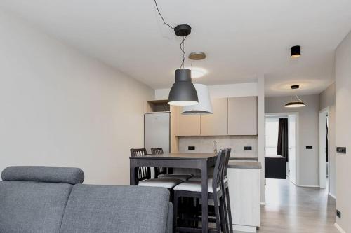 雷克雅未克Modern apartment in great location Reykjavik的厨房以及带桌子和沙发的客厅。