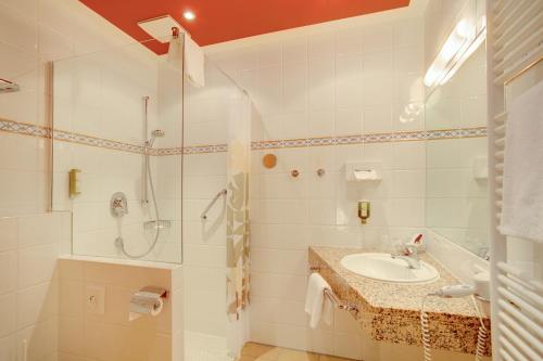 代特莫尔德伊丽莎白伽尼酒店的白色的浴室设有水槽和淋浴。