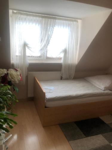 汉诺威Messeapartment Hannover-city的窗户客房内的一张床位