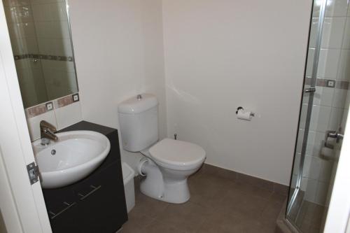 曼斯菲尔德曼斯菲尔德汽车旅馆 的浴室配有卫生间、盥洗盆和淋浴。