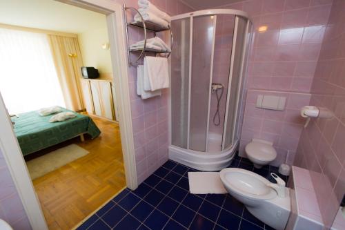 克雷尼察Geovita Krynica-Zdroj的粉红色的浴室设有卫生间和淋浴。