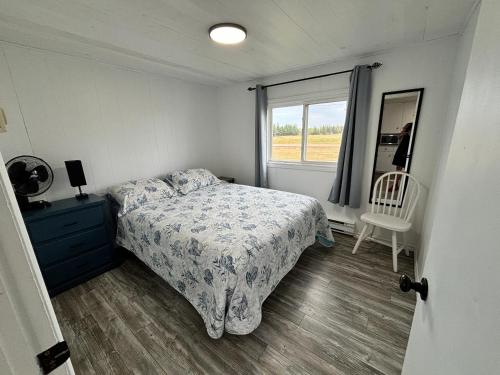 BedequeCottages On PEI-Oceanfront的一间卧室设有一张床、一个窗口和一把椅子