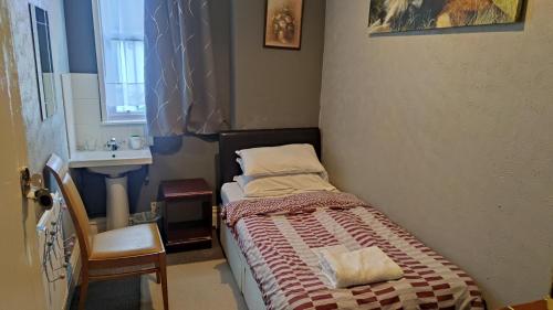 斯劳Sussex Lodge Guest House的一间带床和水槽的小卧室