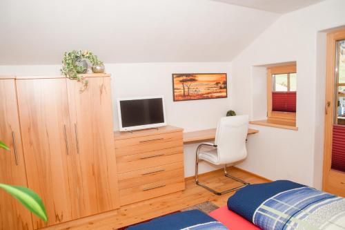 大格洛克纳山麓卡尔斯Ferienhaus Hanser的一间卧室配有一张床和一张书桌及电视
