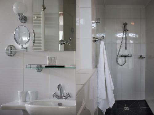 登海尔德巴伦皇冠B&B酒店的浴室配有盥洗盆和带镜子的淋浴