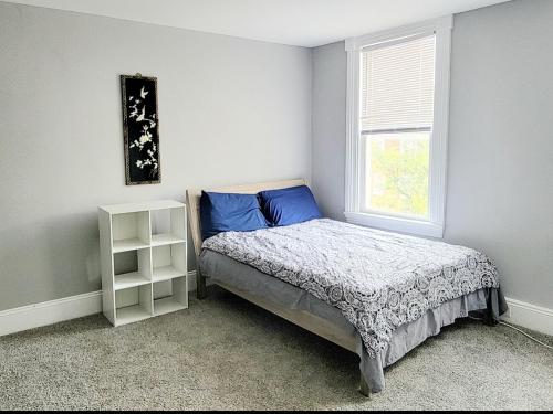 巴尔的摩Budget Bed Room near Downtown Inner Harbor w Free Parking的一间卧室配有一张带蓝色枕头的床和一扇窗户。