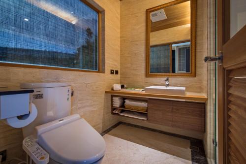 新城太鲁阁立阁人文旅店的一间带卫生间和水槽的浴室