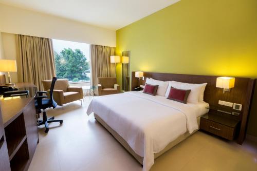 班加罗尔电子城罗陀丽景酒店的酒店客房设有一张大床和一张书桌。