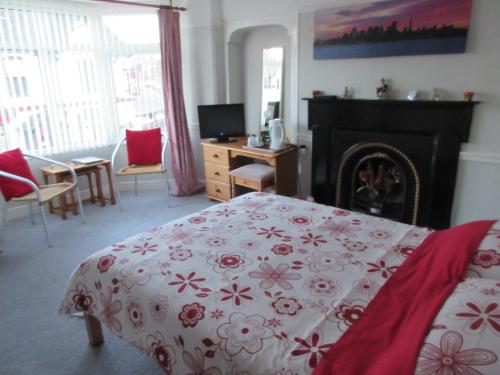 TrefriwTy Newydd Guest House的卧室设有红色和白色的床和壁炉。