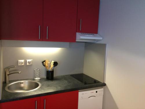 安锡阿讷西都市风情一室公寓的一个带水槽和红色橱柜的小厨房