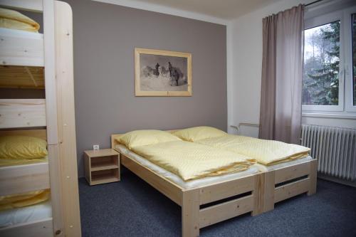 卢捷拿纳德德斯努Penzion Kouty的一间卧室设有两张双层床和一扇窗户。