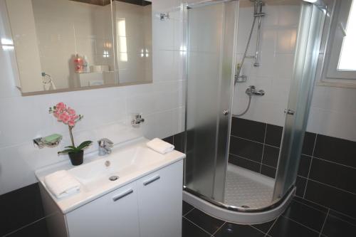 萨兰达White Residence Luxury Apartments的带淋浴、盥洗盆和淋浴的浴室