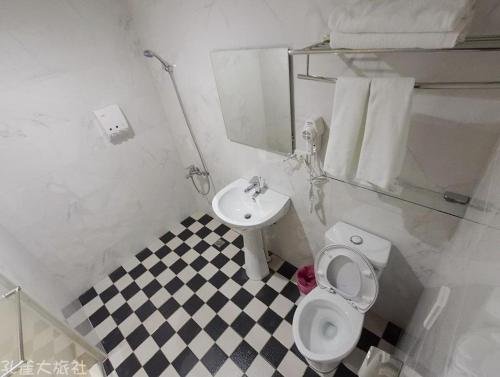 大溪孔雀大旅社的浴室配有白色卫生间和盥洗盆。