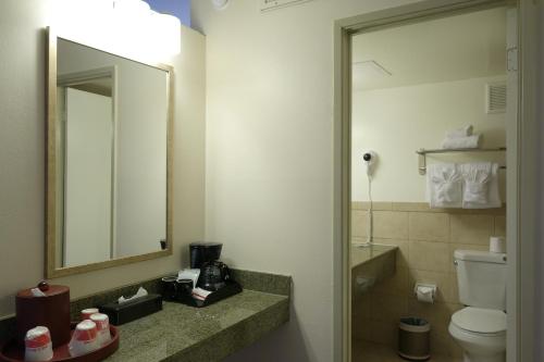 萨克拉门托萨克拉门托华美达酒店的一间带水槽、镜子和卫生间的浴室