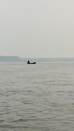 莱蒂西亚Hostal Búho Amazonas tours的一条大水体中的小船