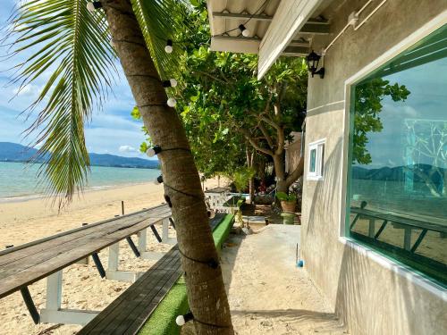 Ban Ao MakhamSunset Beach Village - secluded beach , Khao Khad Views Tower, Big Buddha View的海滩上的棕榈树,毗邻一座建筑