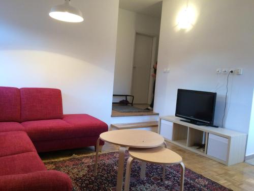 克拉尼斯卡戈拉Apartment Franc的客厅配有红色的沙发和桌子