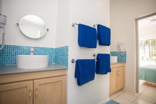 塔卡马卡达斯弗班小屋自助式假日公园的浴室设有水槽、镜子和蓝色瓷砖