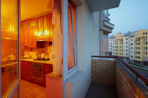 利沃夫Апартаменти на Сихові 3й的阳台的厨房配有炉灶烤箱