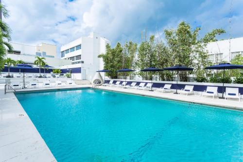 迈阿密海滩阿尔比恩酒店的一个带椅子和遮阳伞的大型游泳池