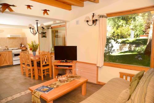 圣卡洛斯-德巴里洛切马蒂斯帕塔格尼科斯山林小屋的客厅配有沙发和带电视的桌子