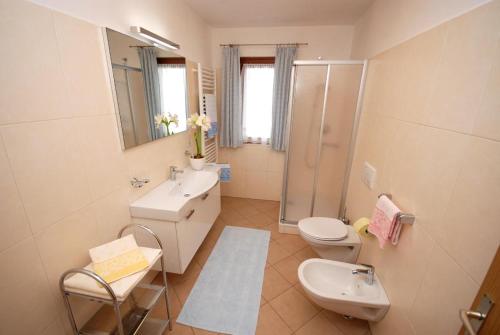 圣坎迪朵Appartments Oberhofer的一间带水槽、卫生间和淋浴的浴室