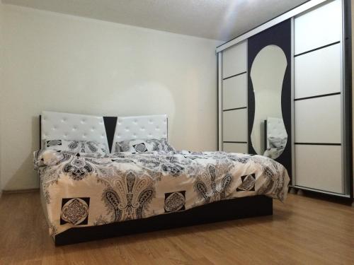 普里什蒂纳塔夫的小房子公寓的一间卧室配有一张床和一面大镜子
