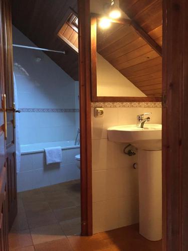 陶尔Estudi Casa Xulla的一间带水槽、卫生间和镜子的浴室