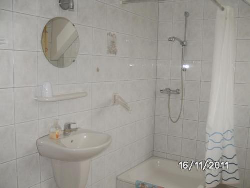 贝尔多夫农场住宿加早餐旅馆的白色的浴室设有水槽和淋浴。