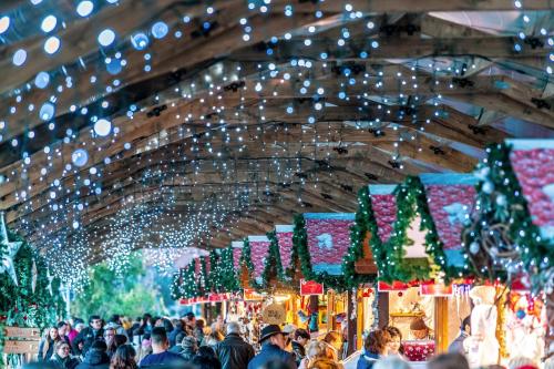 布洛奈Swiss Chalet - Montreux Noël的一群人穿过一个装有圣诞灯的市场