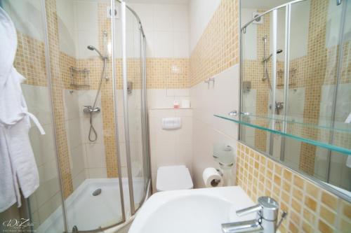 斯维诺乌伊希切诺提勒斯公寓的带淋浴、卫生间和盥洗盆的浴室