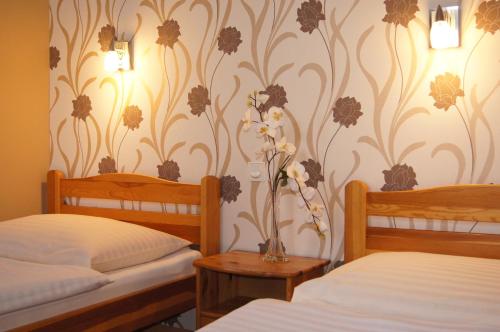 诺泰奇河畔纳克沃Zacisze的一间设有两张床的客房,墙上挂着花瓶