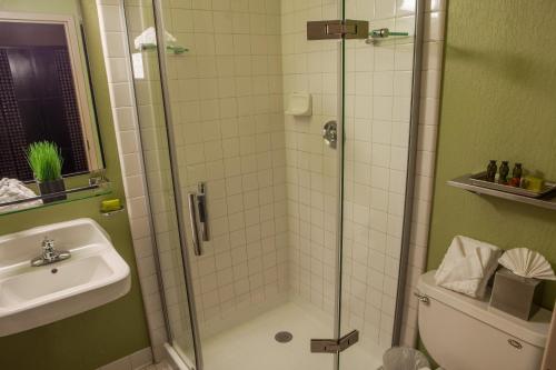 旧金山C二融合酒店的带淋浴、卫生间和盥洗盆的浴室