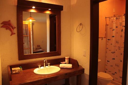 加罗帕巴班加罗尔套房酒店的一间带水槽、镜子和卫生间的浴室