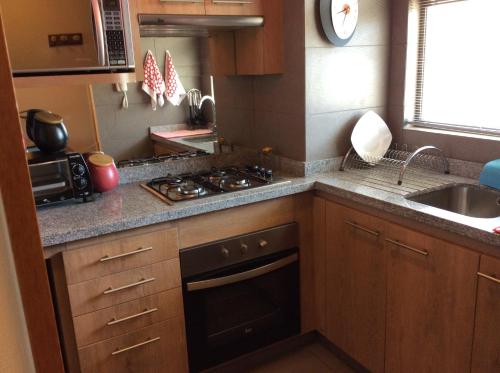 维纳德马Reñaca Park Apartment的小厨房配有炉灶和水槽