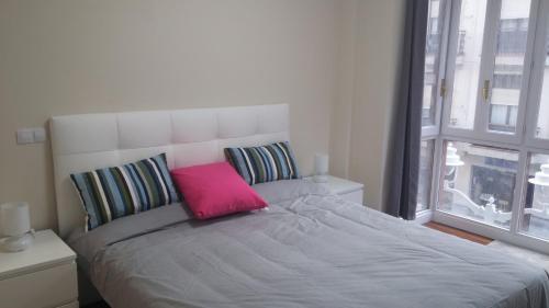 毕尔巴鄂Apartamento Villarias的一间卧室配有一张带粉红色枕头的大床