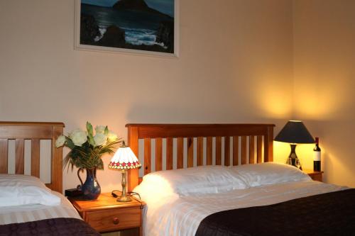 DunquinAn Portán Guest House的卧室内的两张床,配有两盏灯和鲜花