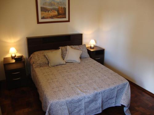 科尔多瓦Departamento Maipu Cordoba的一间卧室配有一张带2个床头柜和2盏灯的床。