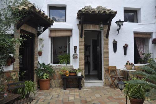 贝赫尔-德拉弗龙特拉Casa Andrea的白色的房子,庭院里种有盆栽植物