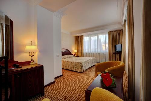 布拉索夫Hotel Citrin - Adults Only的酒店客房设有一间带一张床和椅子的卧室