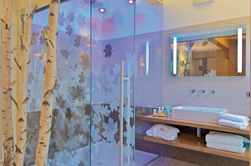 安达洛Il Piccolo Dolomiti Resort的带淋浴、水槽和镜子的浴室