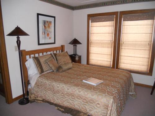 OberlinLandMark Inn at the Historic Bank of Oberlin的一间卧室设有一张床和两个窗户。