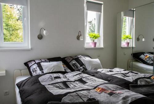 柏林贝立兹公寓的一间卧室设有一张床和两个窗户。