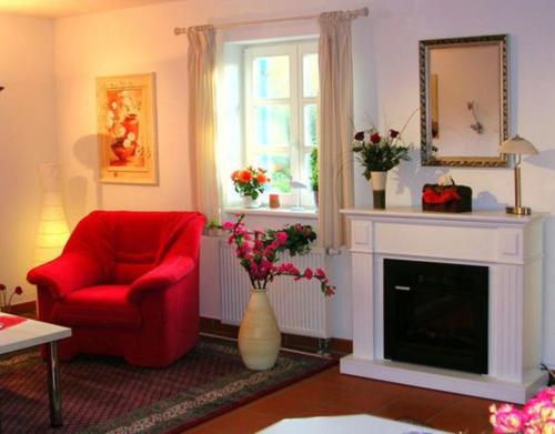 德兰斯克Ferienwohnung Bakenberg auf Rügen (So)的客厅设有红色椅子和壁炉